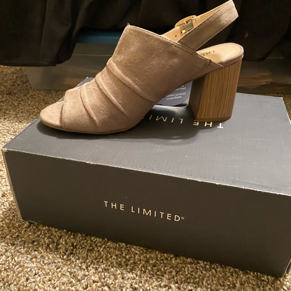 Tan open toe chunky heel booties